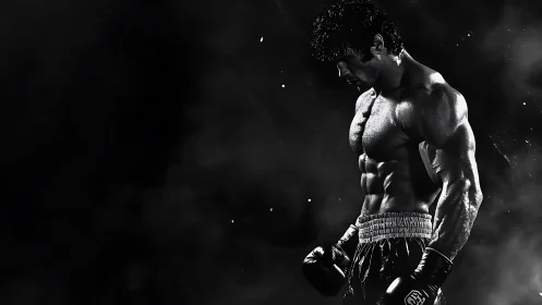 Muscular boxer stands in smoky darkness with lowered gaze