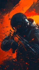 Tactical soldier with rifle amid explosive orange abstraction.