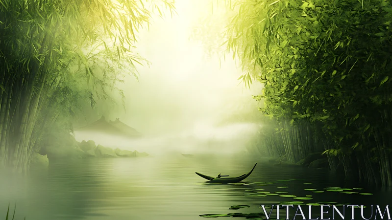 Misty bamboo river corridor frames a solitary wooden boat