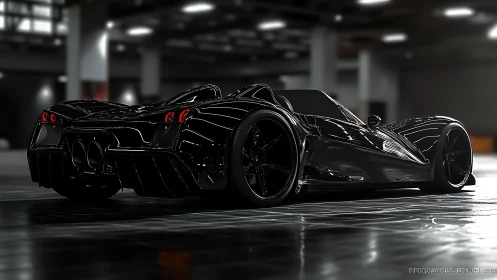 Midnight hypercar rendering in glossy underground garage.