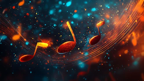 Glowing music notes over abstract neon sound waves.