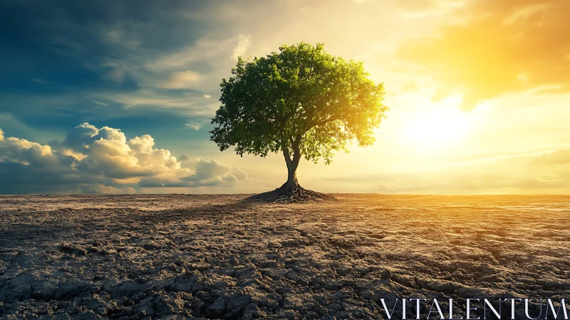 Solitary green tree on cracked dry earth at sunset.