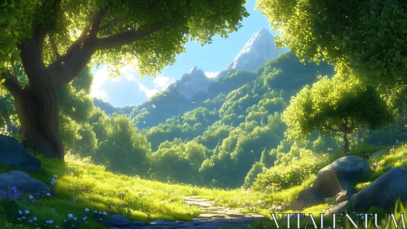 Alpine Valley Luminescence: Sunlit Forest Clearing with Mountainous Backdrop