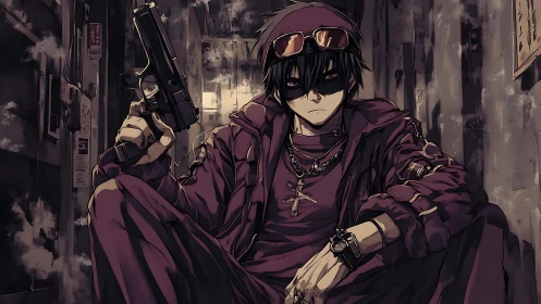 Hooded masked youth holds handgun in dim urban alleyway