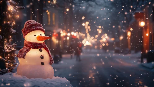 Snowman in red knitwear on softly lit winter street.