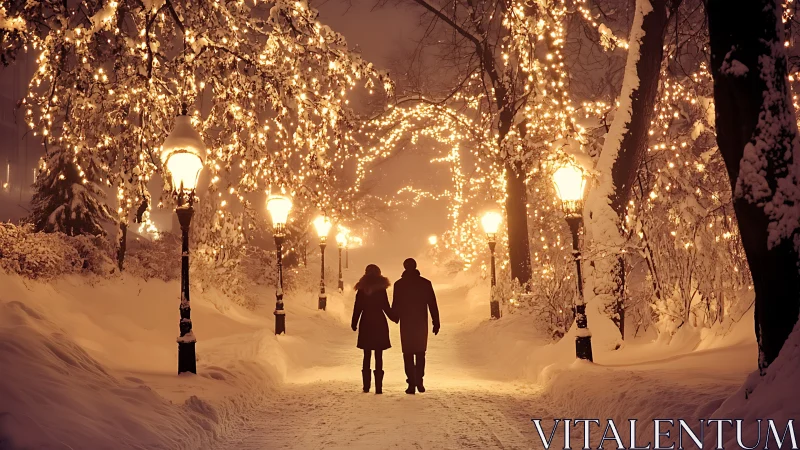 Winter lights cradle two silhouettes in a quiet, glowing stroll