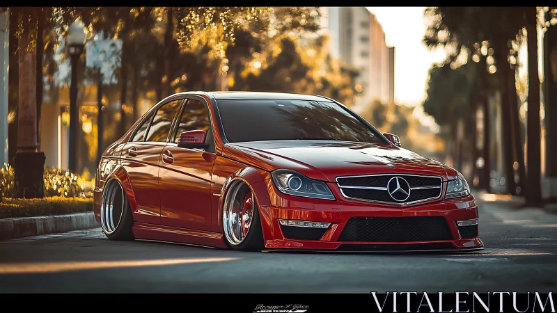 Lowered red Mercedes sedan glides through warm city sunset streets