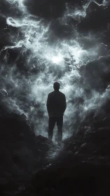 Quiet silhouette wandering through a storm of cosmic light.