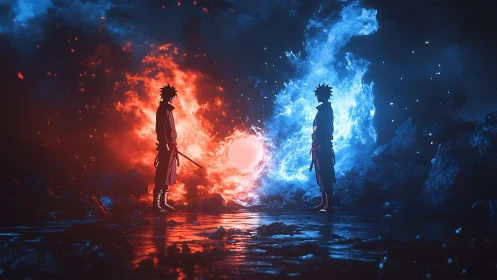 Opposed silhouettes framed by red and blue elemental flames.