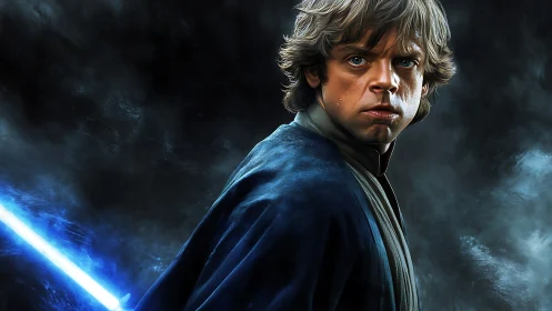 Young warrior portrait with glowing blue energy sword.