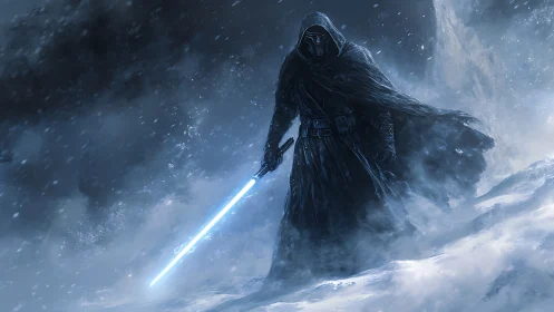 Hooded warrior grips glowing blade in a raging ice storm