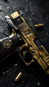 Gold-plated tactical pistol with spent brass casings on slate