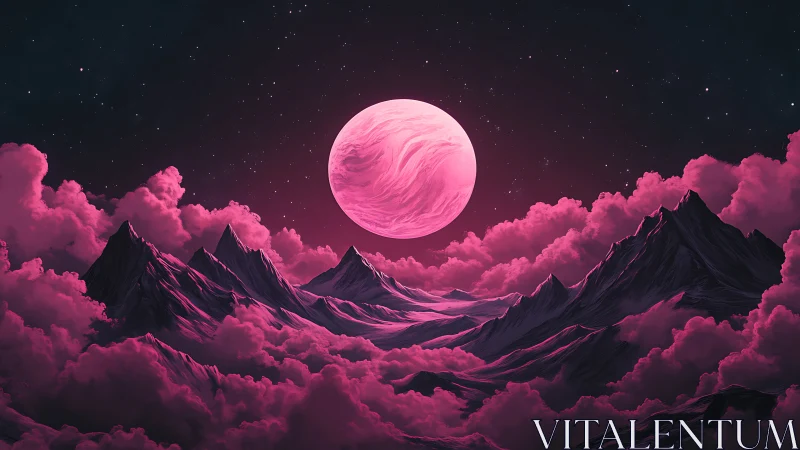 Neon moon rises above surreal pink clouds and peaks