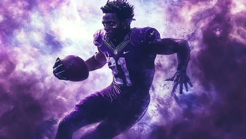 Dynamic purple football runner in smoky motion burst.
