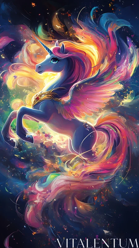 Starborne rainbow pegasus-unicorn swirling through nebulae.
