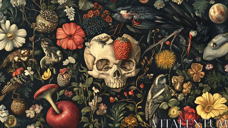 Skull, birds, and wild blooms share a lush, moody garden