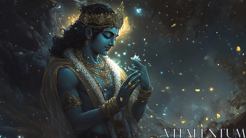 Digital painting of divine blue figure with luminous lotus focus.