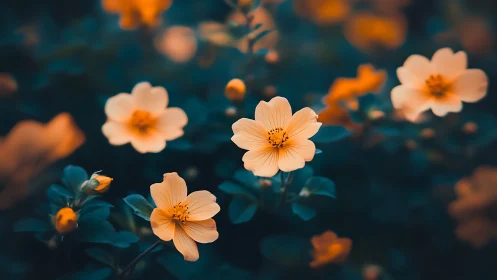 Peachy blooms luminous against teal background with soft bokeh.