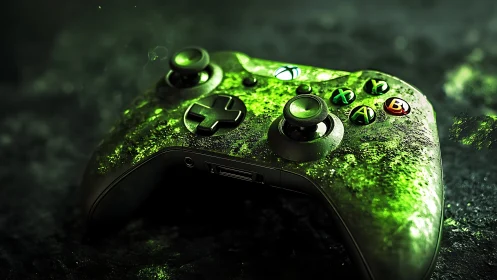 Glowing green game controller rests in a dark cinematic mist