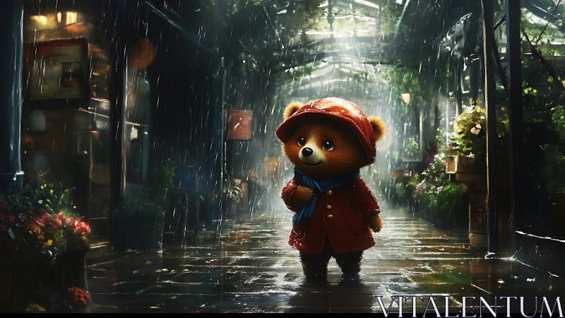 Cute teddy bear in red raincoat walking through rainy alley.