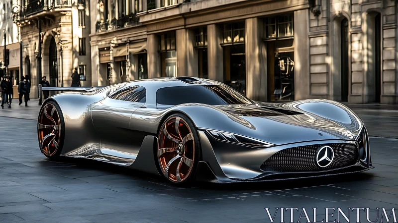 Aerodynamic urban hypercar with reflective metallic surfacing.