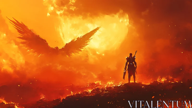 Apocalyptic warrior versus solar-winged entity in infernal vista.