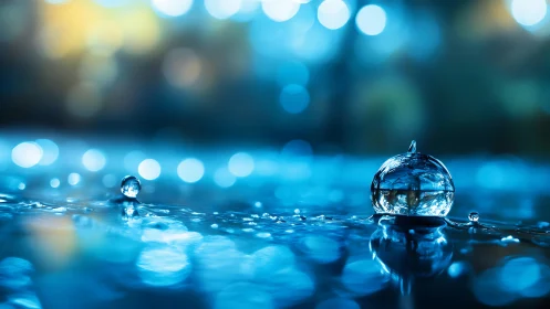 Glistening raindrop orbs rest quietly in a dreamy blue glow