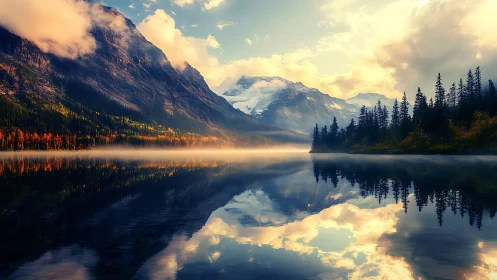 Sunlit mountain lake mirrored in calm morning stillness.