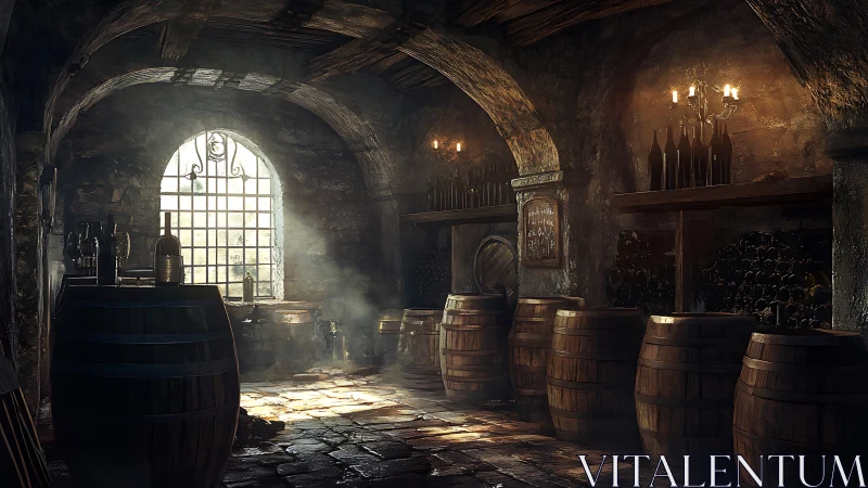 Old stone wine cellar with barrels and dusty bottles.