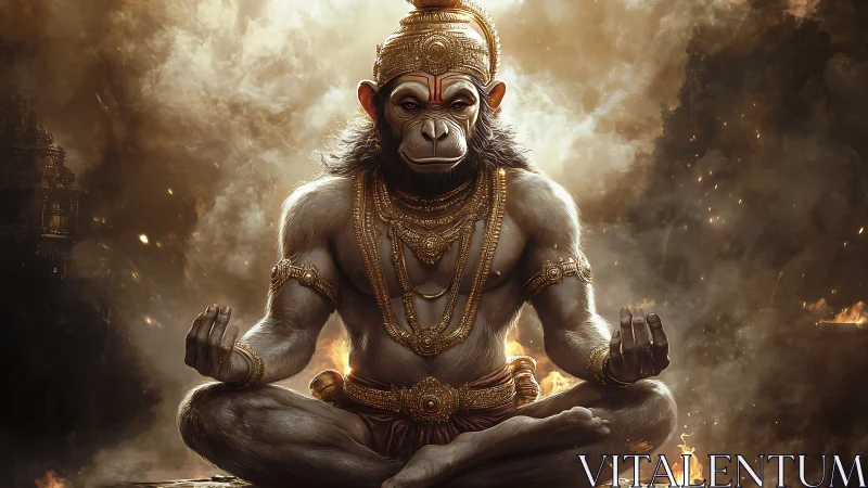 Simian deity figure in armor meditating amid smoky ruins.