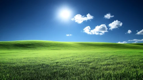 Bright green grassy hill under clear deep blue sky.