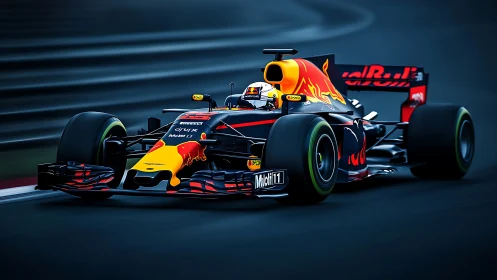 Formula race car on track in dynamic cornering shot.