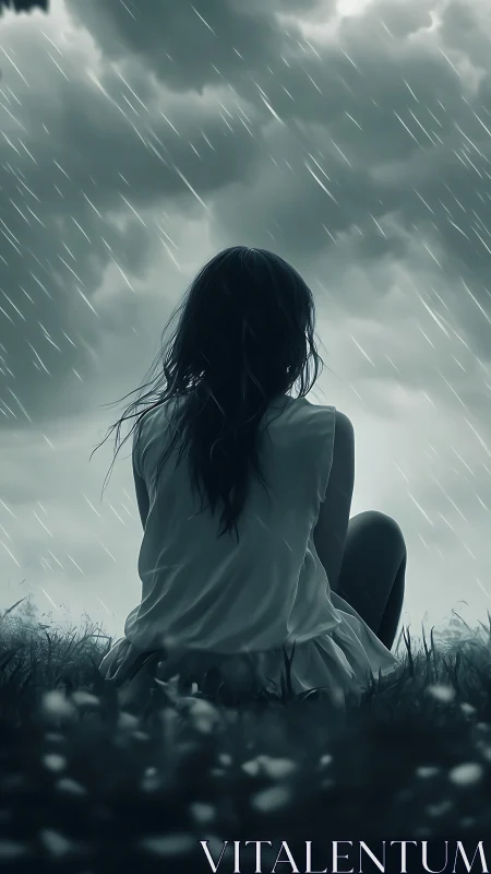 Quiet soul rests beneath rain clouds and soft silver sky