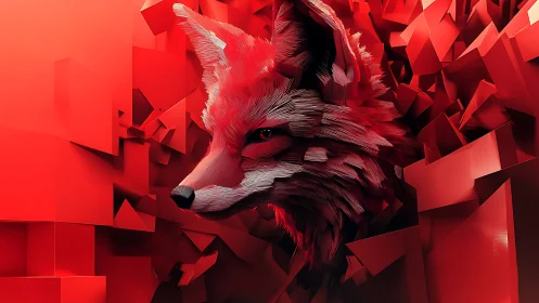 Crimson low-poly fox emerges sharply from abstract shards