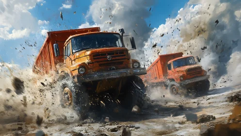 Heavy-duty dump trucks in high-energy off-road surge motion.