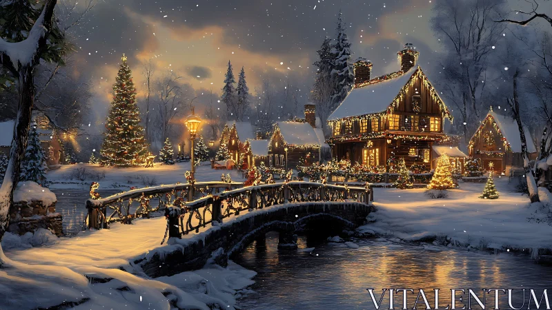 Snowy village bridge and houses with warm holiday lights.