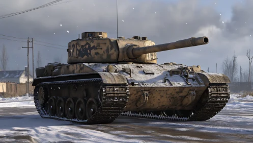 Snow-dusted battle tank prowling a quiet winter road.