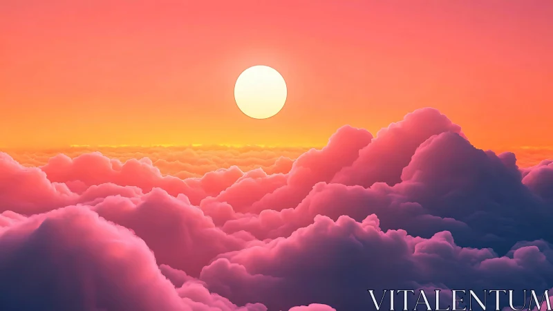 Digital painting sunset over luminous pink cloudscape panorama.