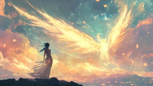 Woman on cliff beneath blazing celestial phoenix wings.