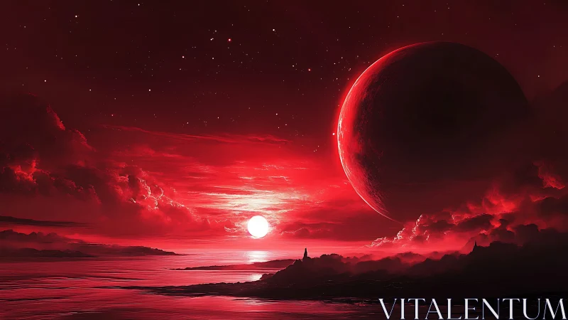 Digital painting of crimson alien seascape with eclipsing planet.