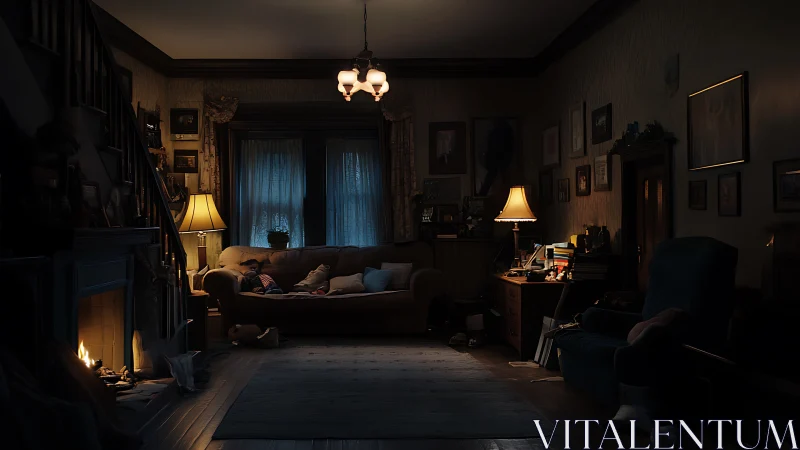 Domestic living room at night illuminated by warm lamplight