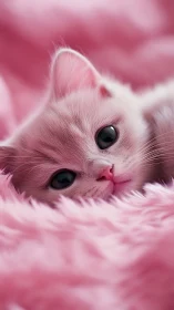 Pink fluffy cat with black eyes resting on soft fabric