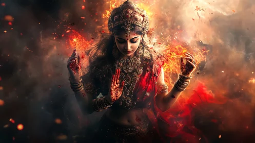 Fiery divine goddess portrait rendered in vivid digital painting