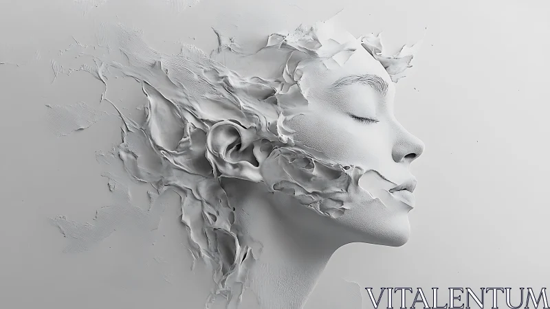 Monochrome sculpted female profile dissolves into peeling plaster