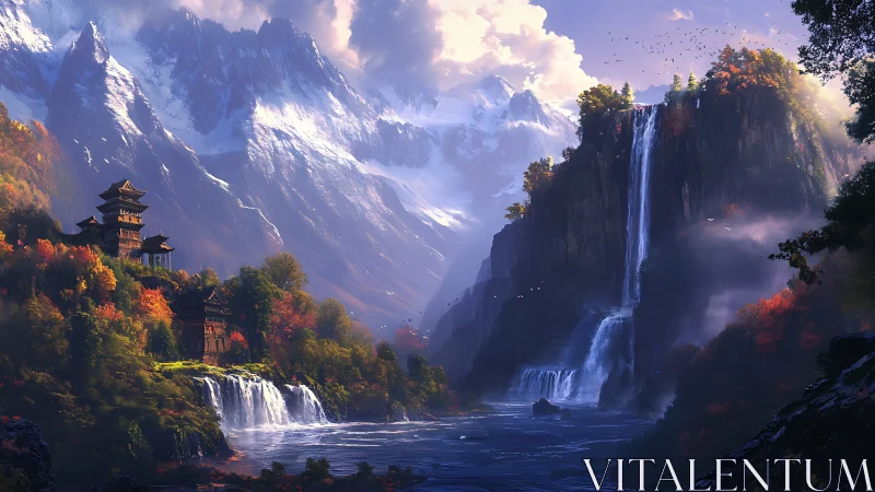 Mountain temples overlook twin cascading waterfalls at dusk.