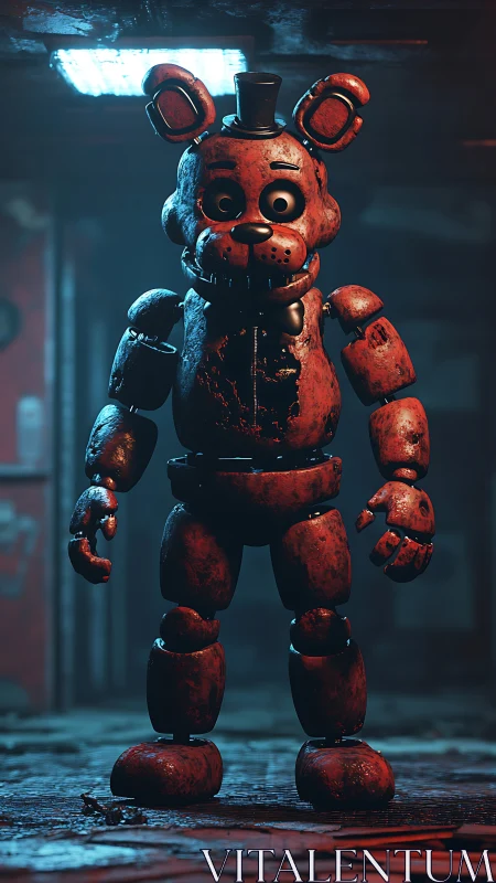 Rusty animatronic bear stands in dim corridor environment
