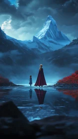 Kindred travelers pausing by a moonlit mountain lake.