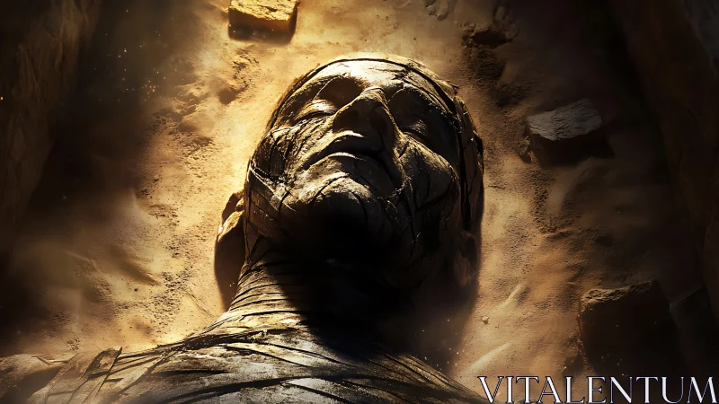 Sunlit tomb guardian lying in fractured desert silence.