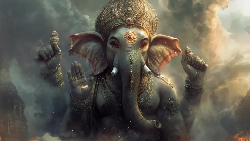 Majestic Ganesha deity rises through luminous storm clouds.