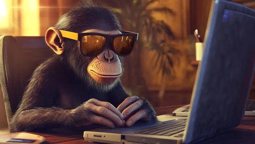 Chimpanzee in sunglasses working at laptop in office.